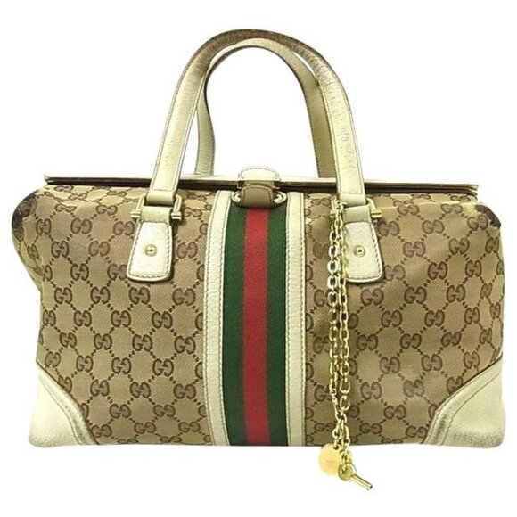 Gucci Vintage Jolicoeur Satchel Brown Large G Print Canvas w White Leather - Picture 1 of 10